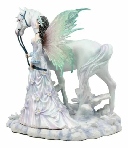 Aurora Borealis Winter Fairy With Sacred White Horse Statue 10"Long Nene Thomas-5