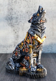 Steampunk Silver Alpha Wolf Howling Statue with Gears Base 7.5"H Figurine-1