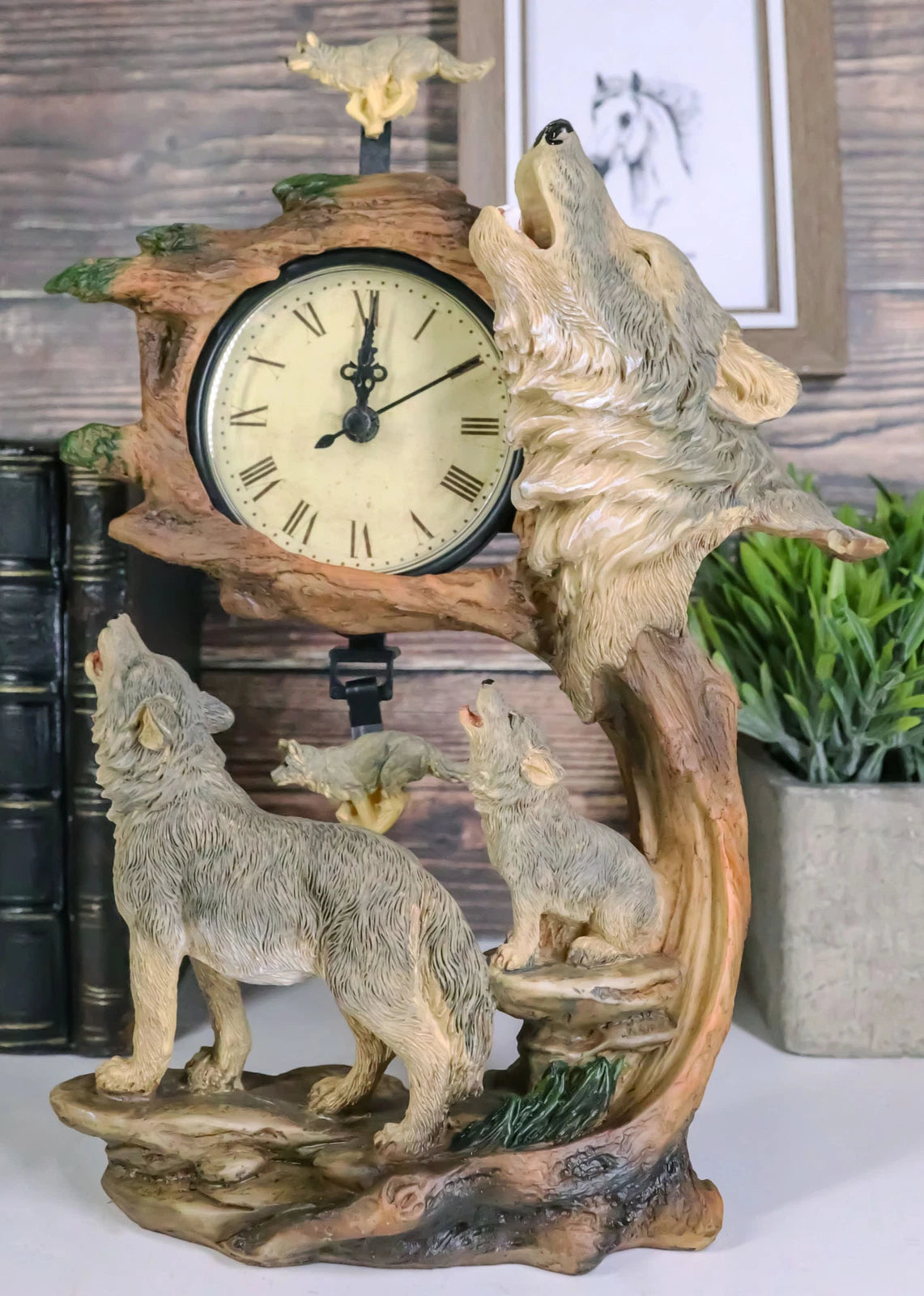 Howling Gray Wolves Family Table Clock with Pendulum 10.5" Height Decor-2