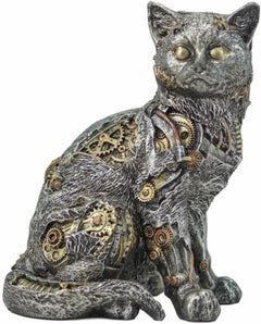 Steampunk Cyborg Cat with Clockwork Gears Nuts and Bolts Statue 8" Tall-3