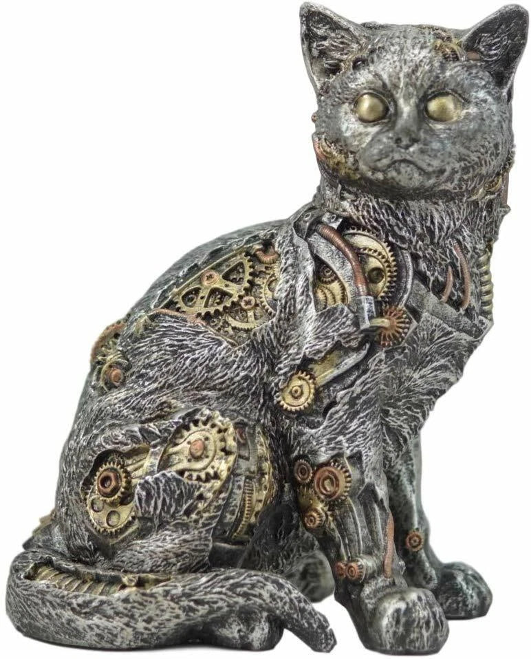 Steampunk Cyborg Cat with Clockwork Gears Nuts and Bolts Statue 8" Tall-3