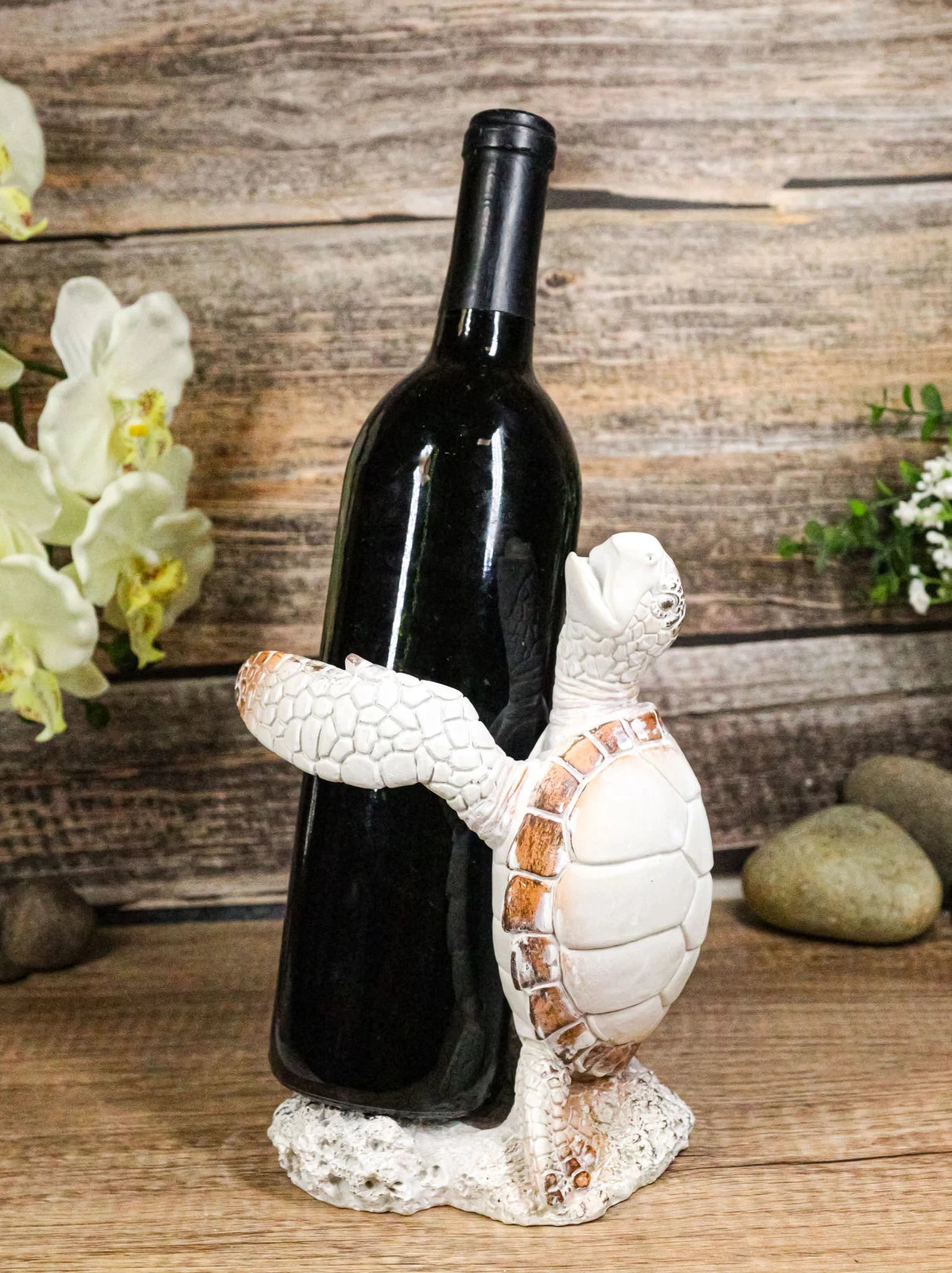 Nautical Marine Distressed Antique White Sea Turtle Wine Bottle Holder Figurine-2