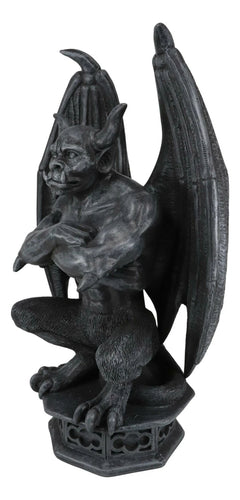 Gothic Gargoyle Statue, Horned Bulldog Figurine 12"H for Home Decor, Garden, Patio, Mantle Display, Crouching on Pedestal, Winged Fantasy Sculpture, Collector Gift-4