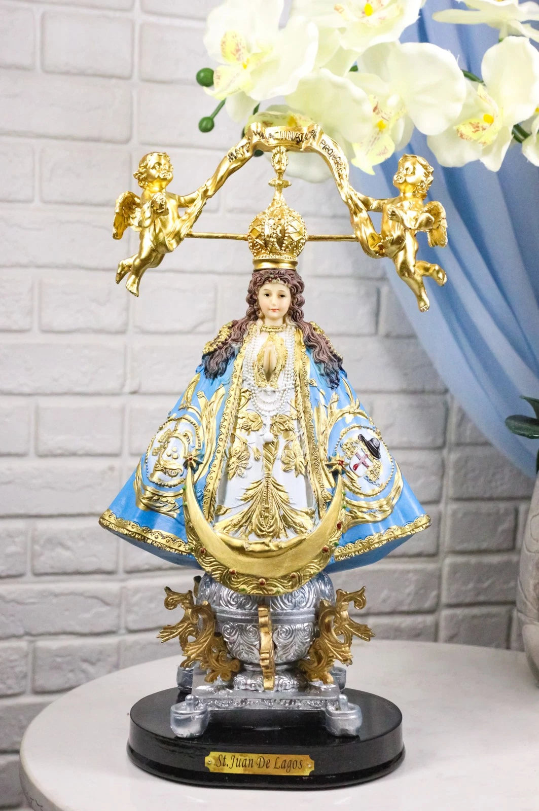 Our Lady of San Juan De Los Lagos with Golden Crown And Angels Figurine 12"H