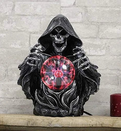 Gothic Alchemy Evil Grim Reaper Skeleton With Scrying Plasma Ball Lamp Statue-2
