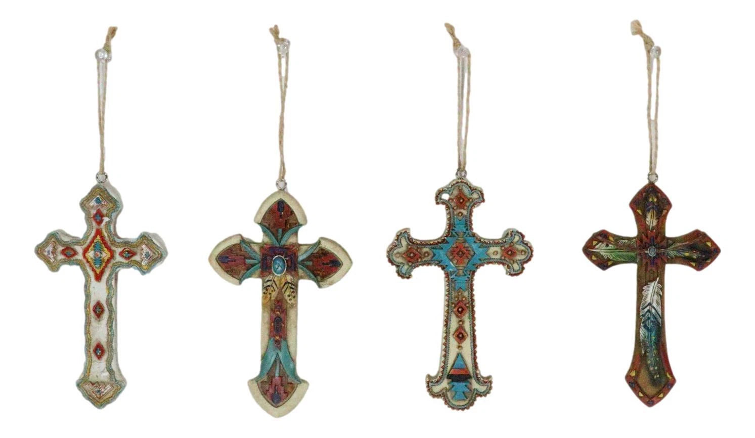 Rustic Western Native Indian Christian Crosses Set of 4 Christmas Tree Ornaments-6