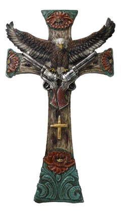 Rustic Western Turquoise Flowers Eagle Dual Pistols Cowboy Faux Wood Wall Cross-5
