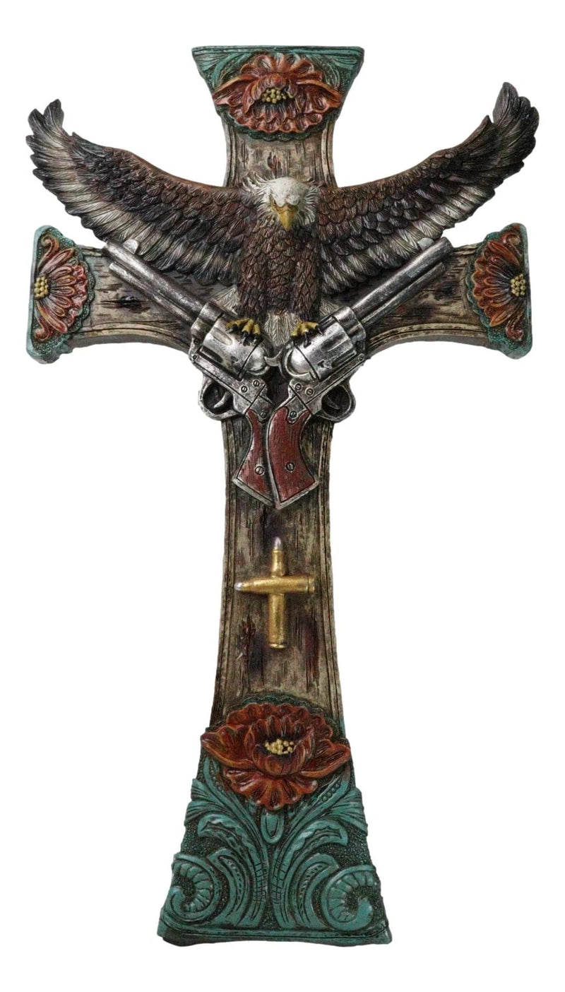 Rustic Western Turquoise Flowers Eagle Dual Pistols Cowboy Faux Wood Wall Cross-5