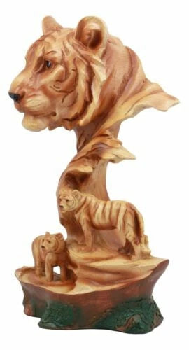 Large Bengal Tiger Bust Statue 11.75"Tall Faux Wood Resin Tiger Family In Jungle-4