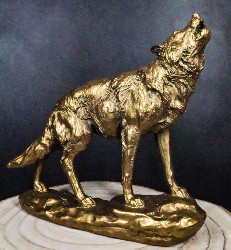 Full Moon Howling Alpha Gray Wolf Timberwolf Statue In Gold Patina Finish 9"H-6