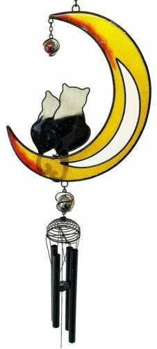 Lover Feline Cats On Crescent Moon Stained Glass Gem Copper Wind Chime Garden-5