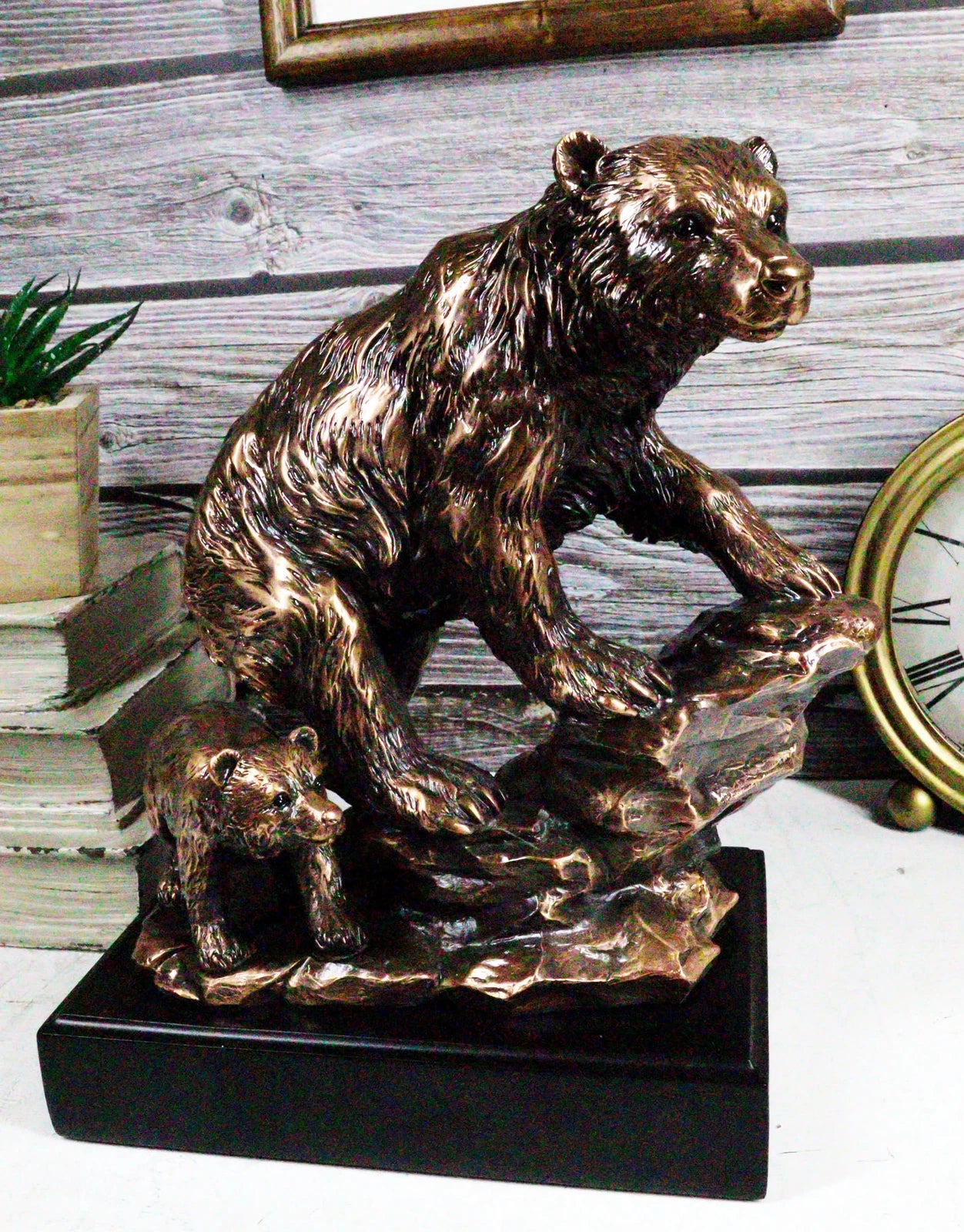 Black Bear Mother With Cub Climbing Rock Bronze Electroplated Resin Statue 9"H-7