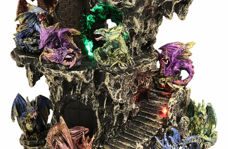 Medieval Rocky Cliff Castle LED Light Display Stand With 12 Mini Dragons Statue-4