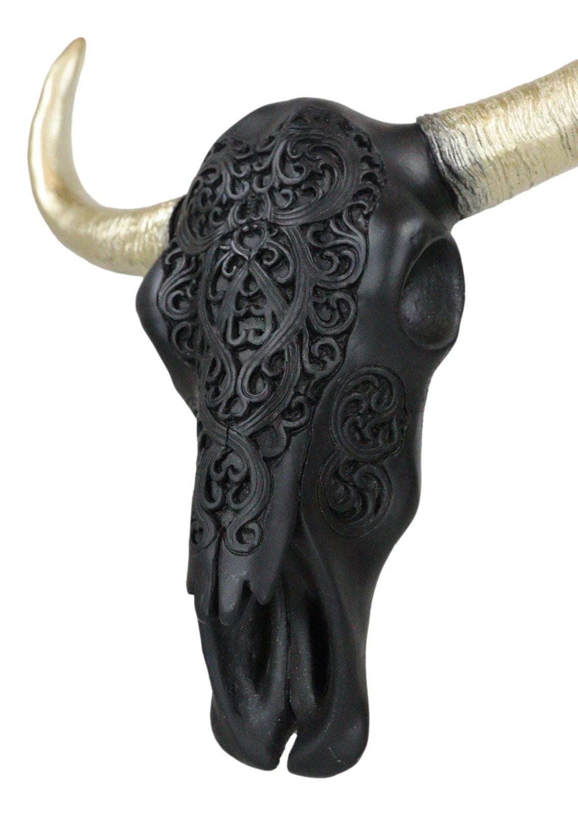 Black And Gold Tribal Floral Tattoo Tooled Filigree Bull Cow Skull Wall Decor-7