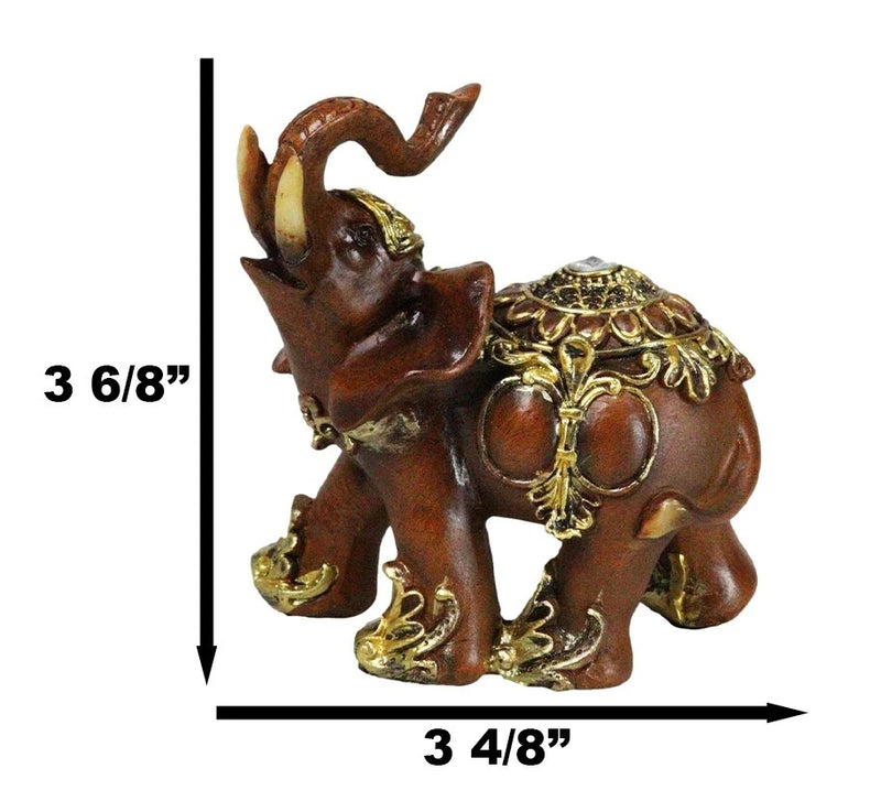 Feng Shui Faux Wood Left Facing Trunk Up Elephant With Golden Tapestry Figurine-2