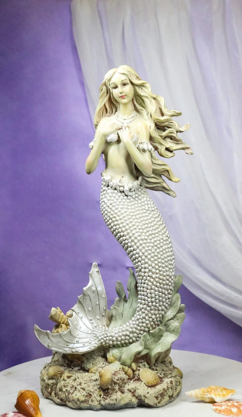 Marine Vintaged Pearly White Ariel Mermaid Sitting On Sea Rock Figurine 16" H-1