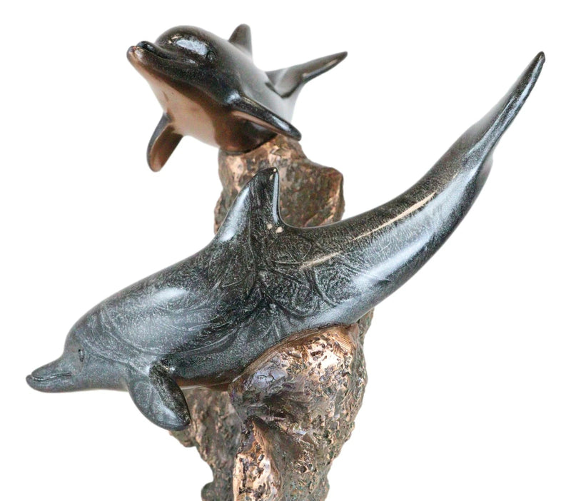 Marine 2 Black Dolphins Swimming by Coral Reef Electroplated Bronze Figurine-2