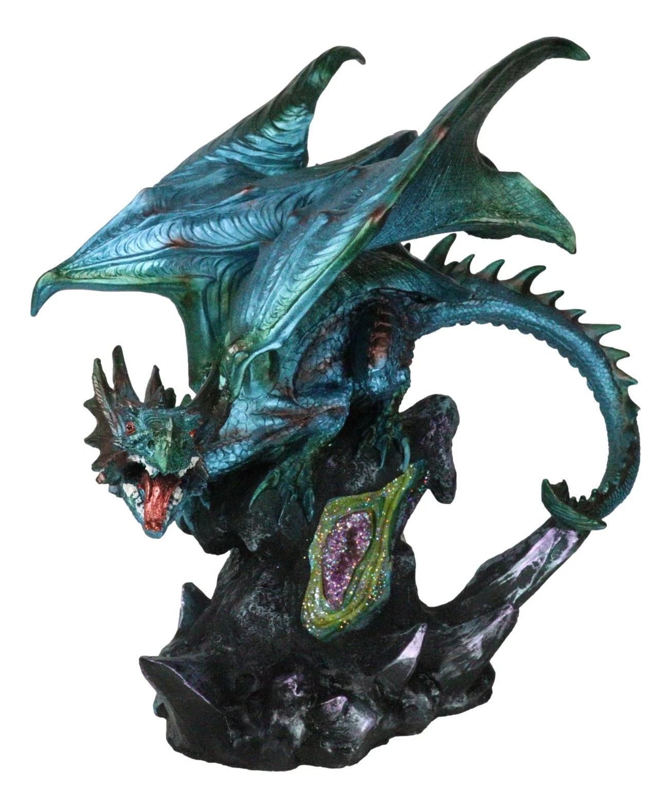 Large Aquamarine Iridescent Dragon Guarding LED Faux Crystal Geode Rock Figurine-3