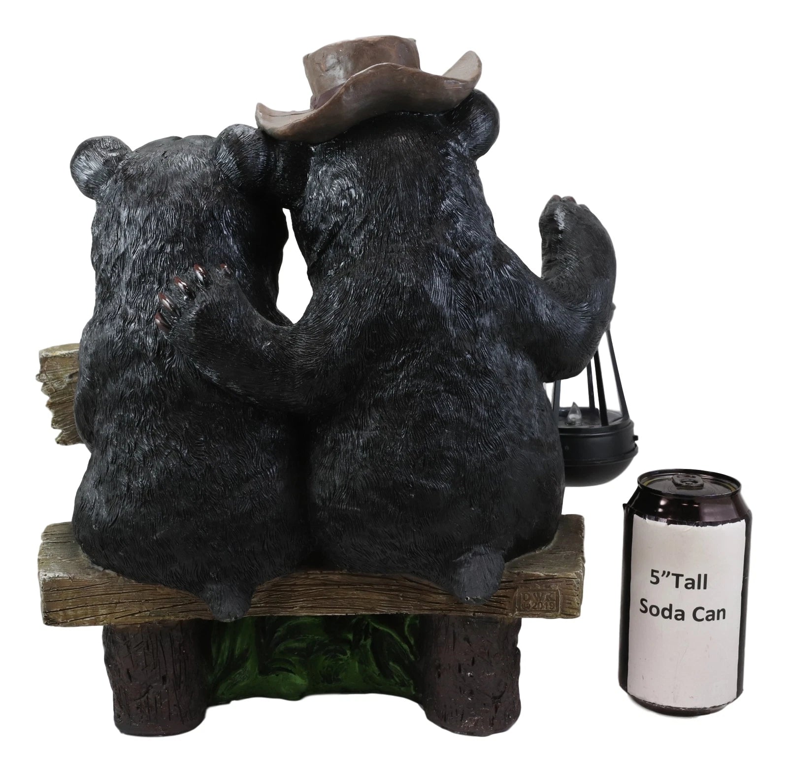Rustic Black Bear Couple By Bench With Welcome Sign & LED Lantern Garden Statue-5