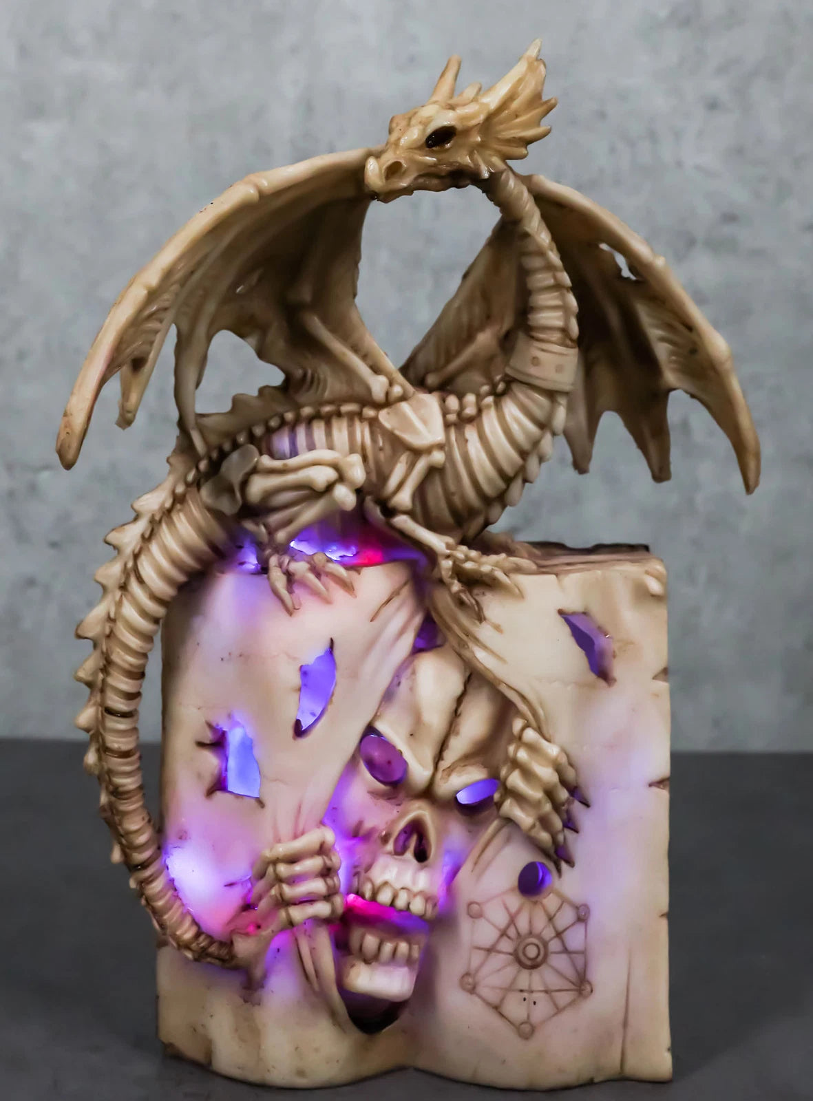 Skeleton Bone Dragon On Spell Book Of The Dead Skull Mummy LED Light Figurine