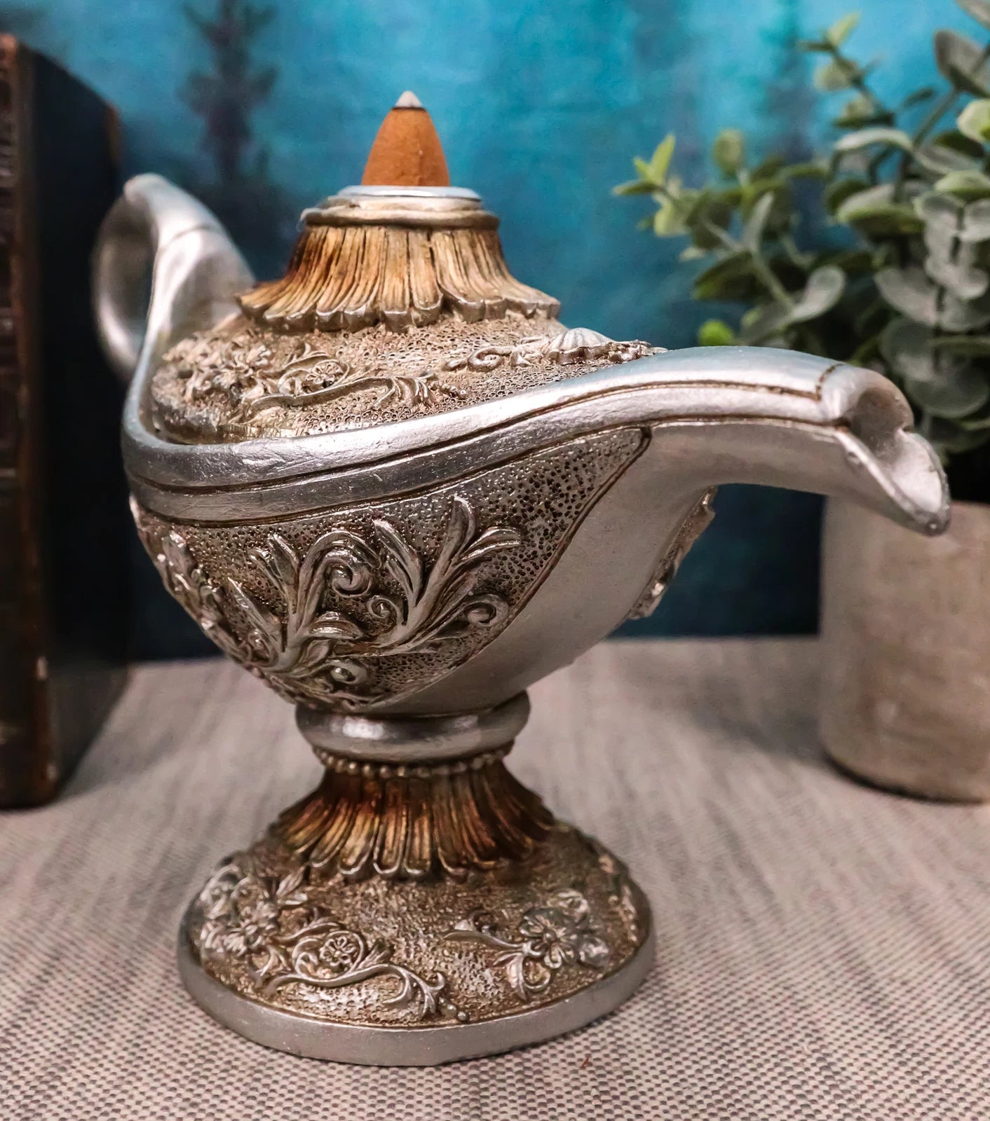 Floral Ornate Aladdin Genie Magical Lamp Backflow Incense Cone Burner Figurine-5