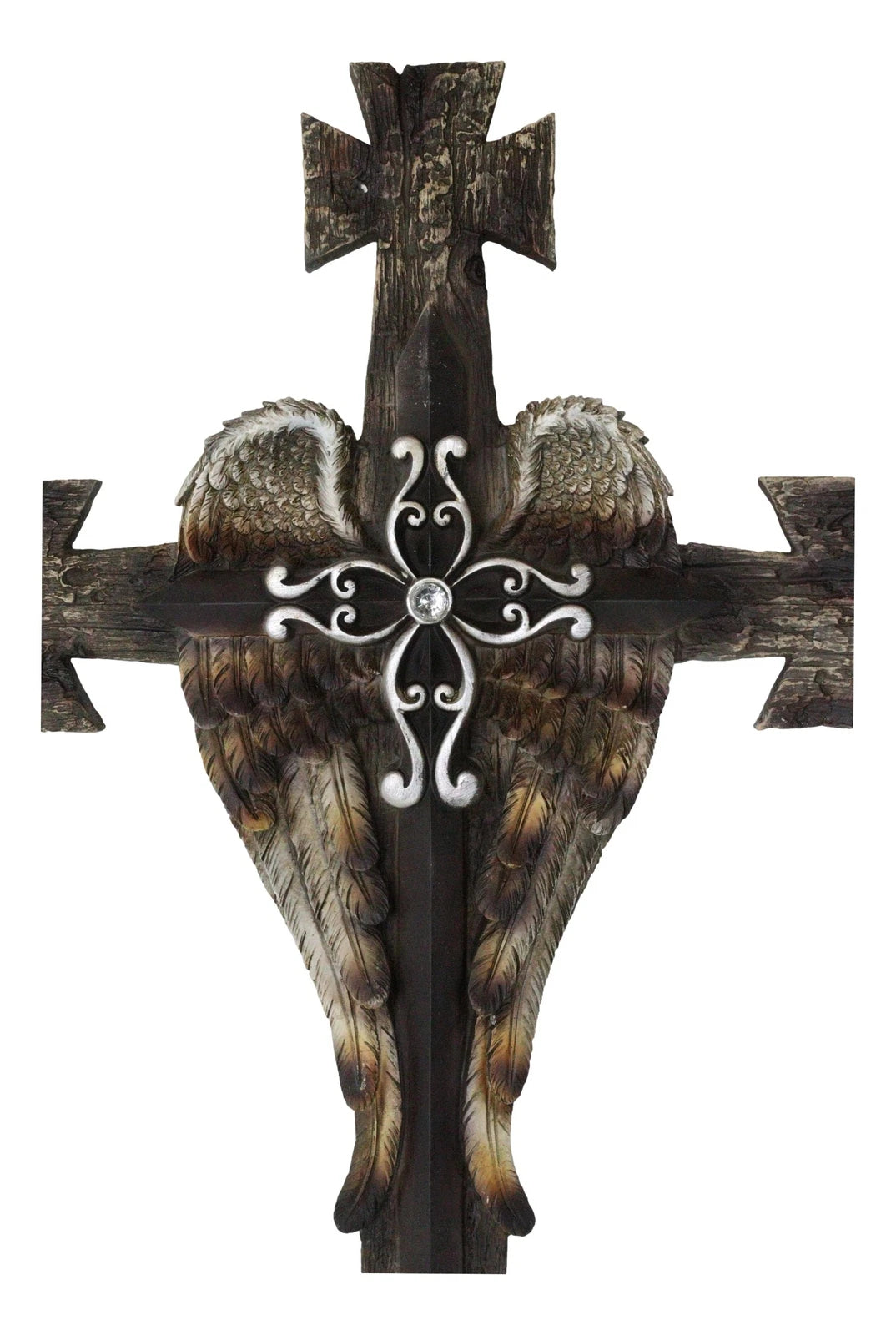 Black Biker Iron Cross With Angel Wings Layered Faux Wooden Wall Cross Plaque-5