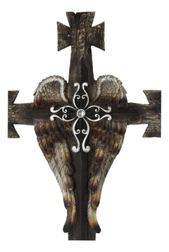 Black Biker Iron Cross With Angel Wings Layered Faux Wooden Wall Cross Plaque-5