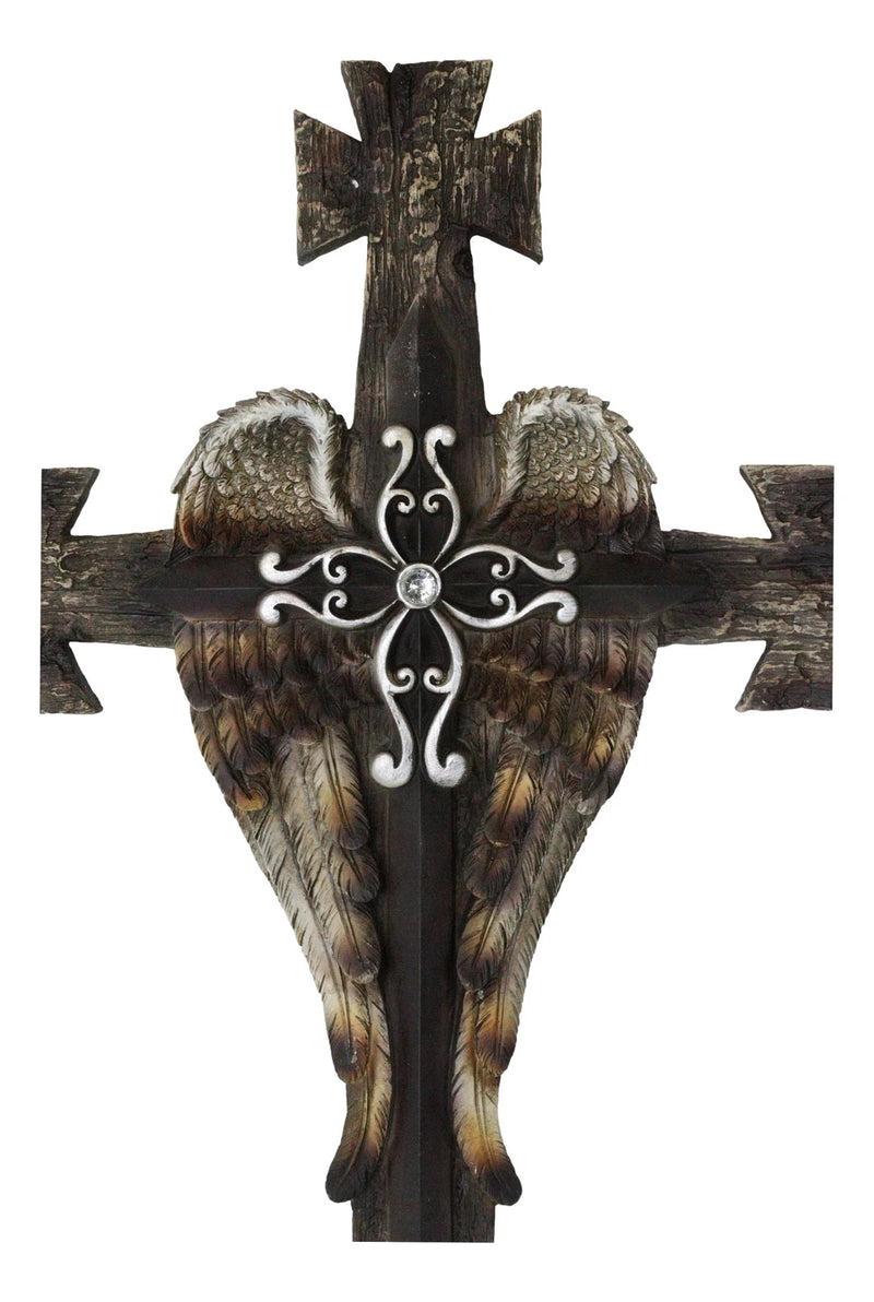 Black Biker Iron Cross With Angel Wings Layered Faux Wooden Wall Cross Plaque-5