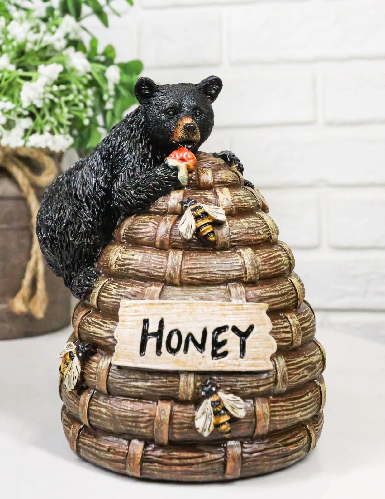 Rustic Forest Black Bear Climbing On Honey Beehive with Bumblebees Figurine-1