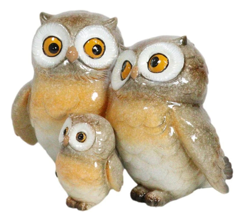 Forest Whimsical Mother Father Owls And Baby Owlet Family Trio Figurine-7