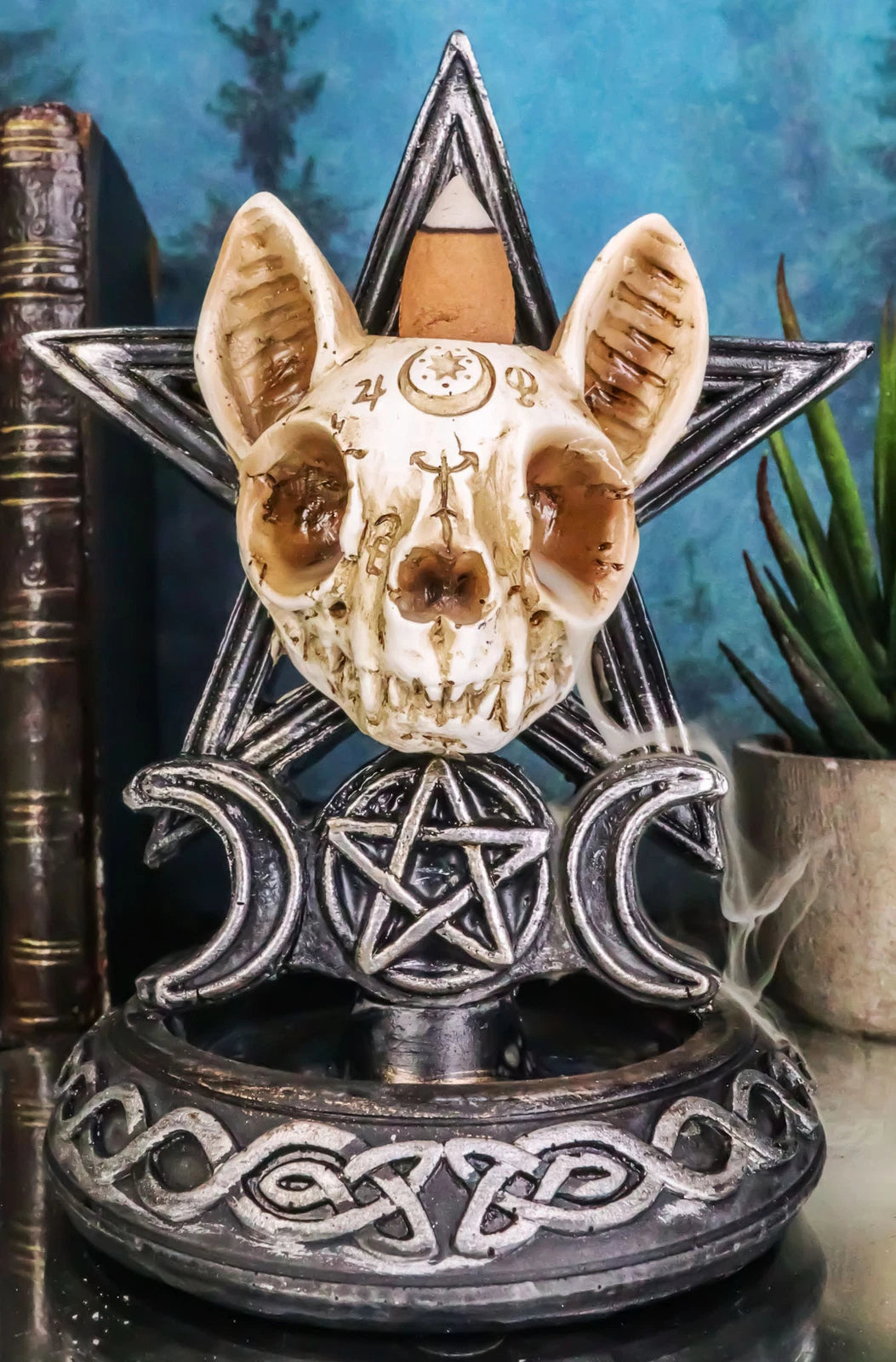 Occult Ouija Cat Skull With Triple Moon And Pentagram Backflow Incense Burner-2