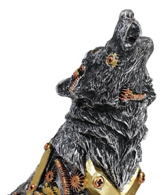 Steampunk Silver Alpha Wolf Howling Statue with Gears Base 7.5"H Figurine-3