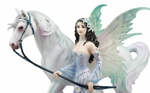 Aurora Borealis Winter Fairy With Sacred White Horse Statue 10"Long Nene Thomas-6