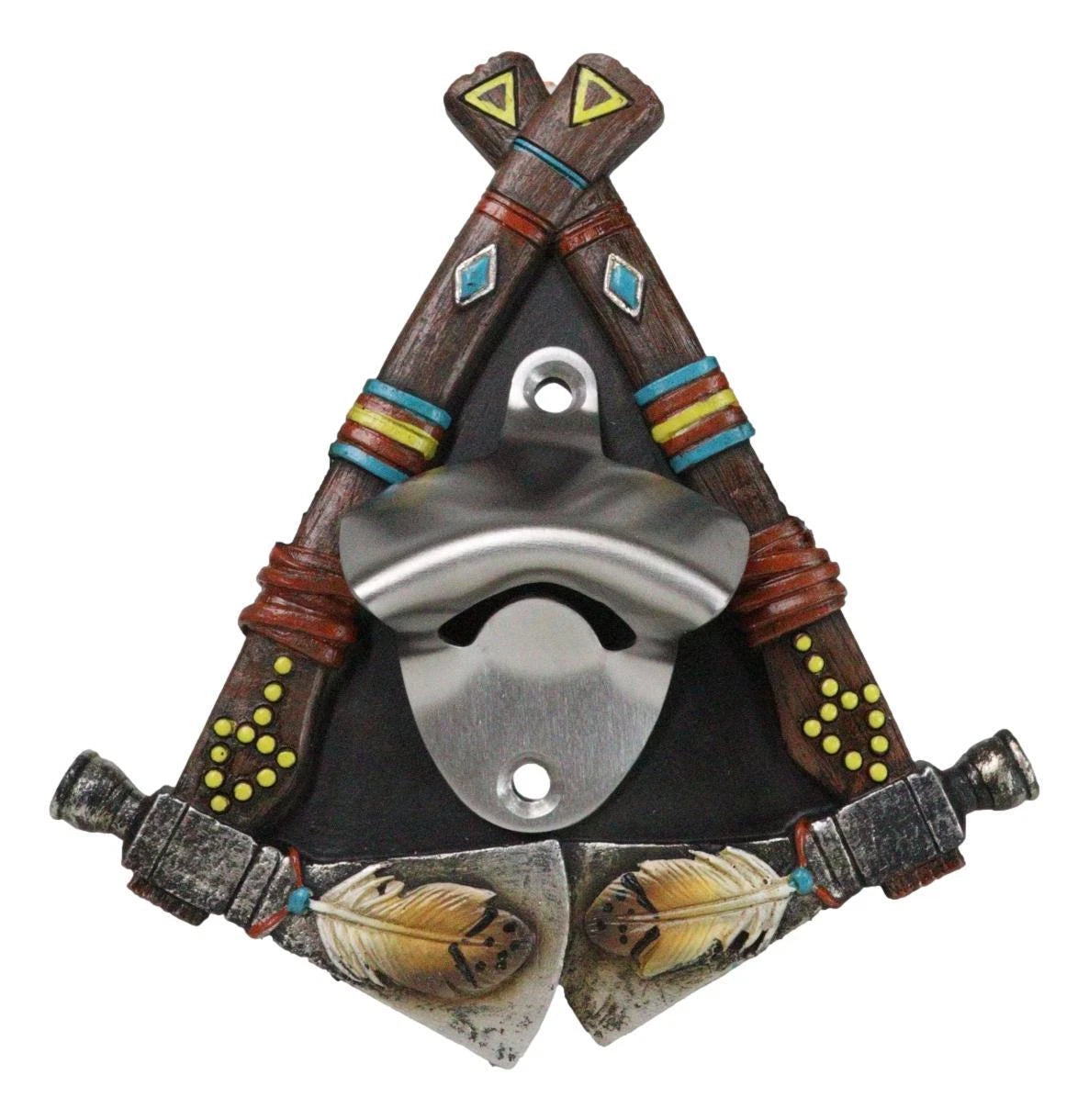 Southwestern Feathers With Double Hand Axes Tribal Indian Wall Bottle Opener-3