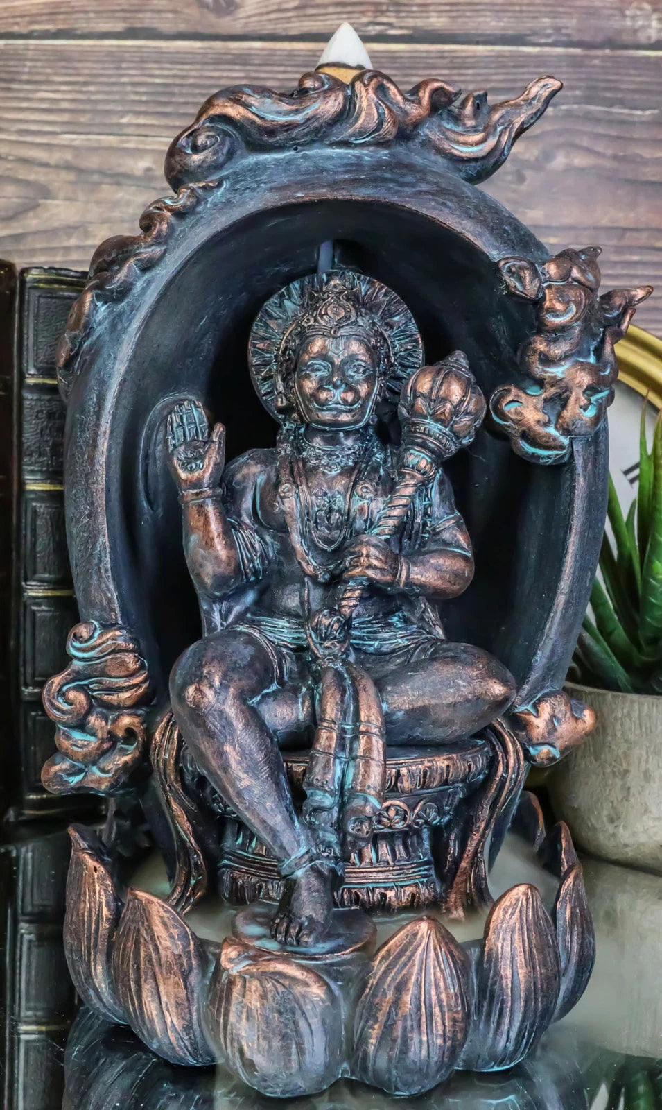 Hindu Buddha Hanuman Monkey God On Lotus Backflow Cone Incense Burner Figurine-2