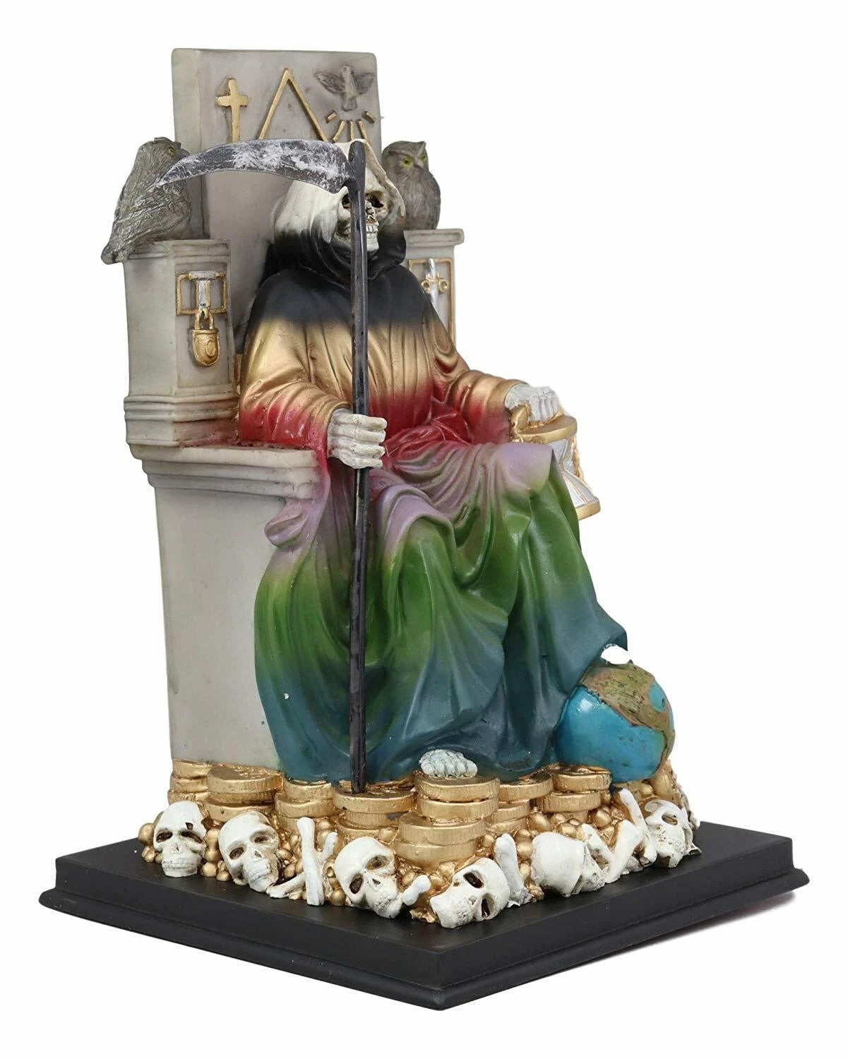 Rainbow Robe Holy Santa Muerte Seated On Throne with Scythe Statue 10.5"H-4