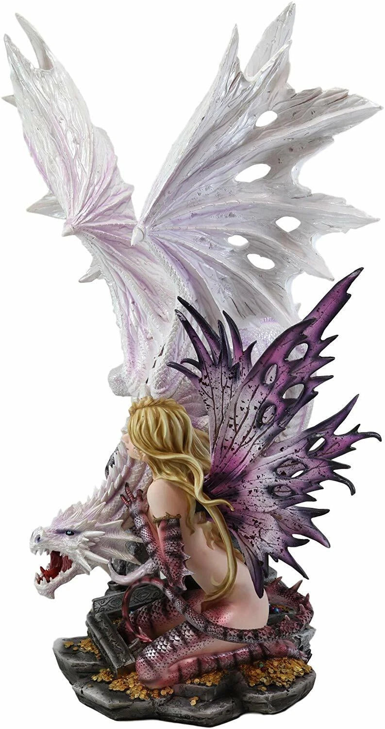 Large 22.75"H Red Reptile Fairy With Roaring White Dragon By Treasures Statue-3