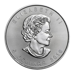 Moneda canadiense de hoja de arce de 5 dólares de 2016, 1 onza troy, 0,9999 de plata BU-2
