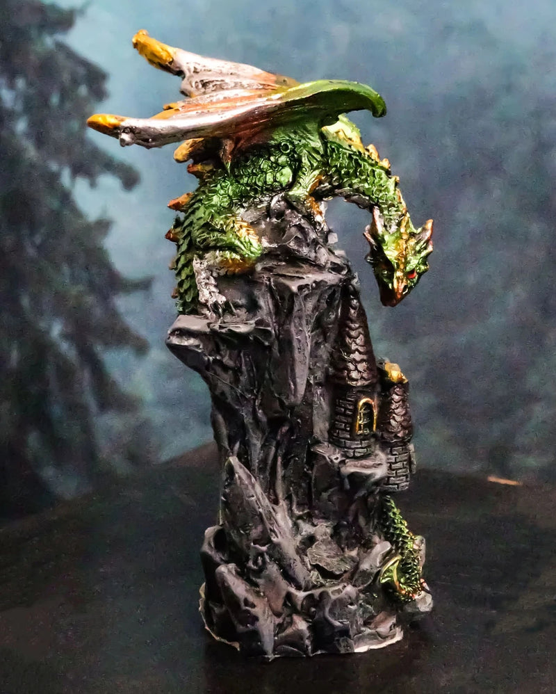 Metallic Golden Green Dragon Guarding Castle Tower On Mountain Cliff Figurine-1