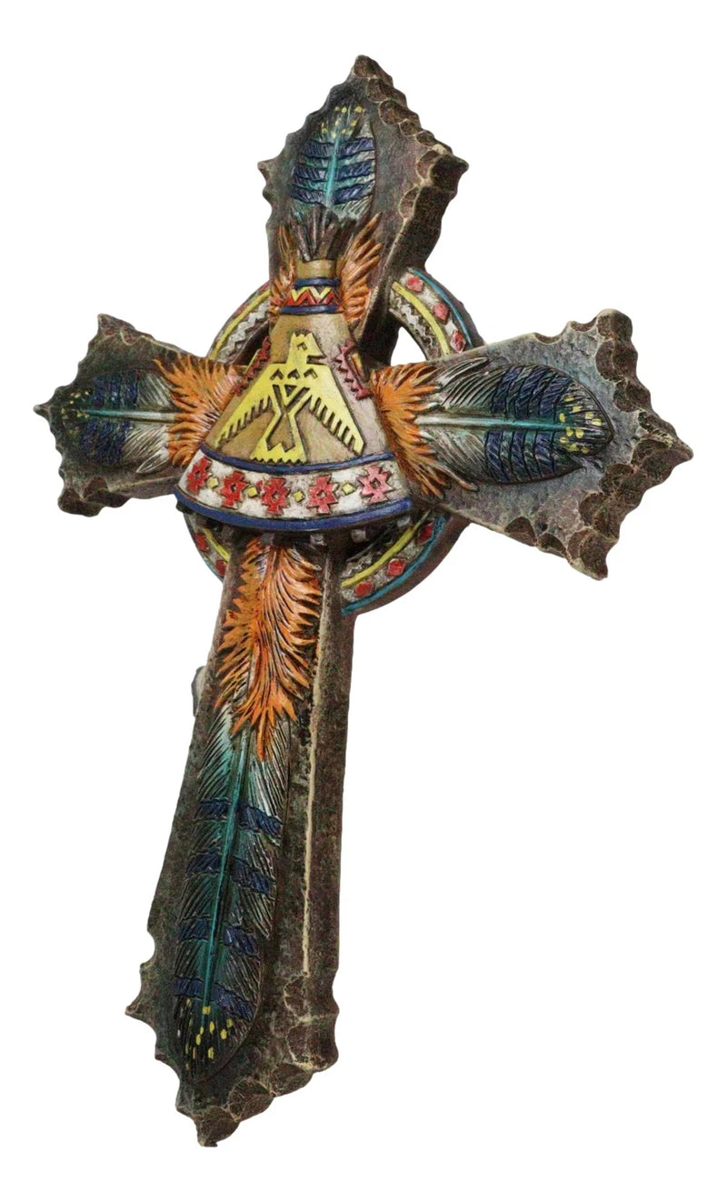 Southwestern Indian Feathers Teepee Sacred Eagle Faux Wooden Rustic Wall Cross-6