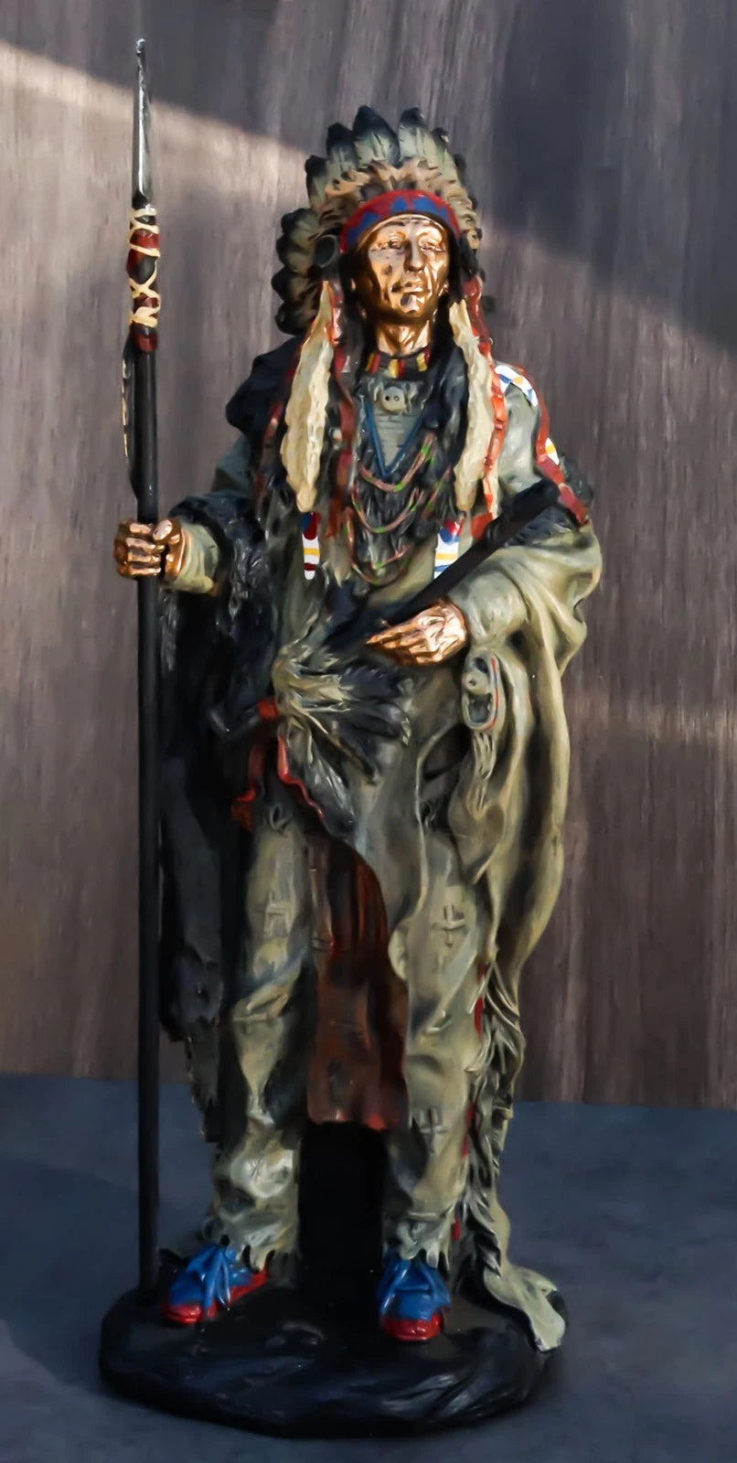 Native American Warrior Statue, Indian Chief Figurine with Battle Headdress, 12" Tall Heritage Home Decor, Shelf or Desk Accent, Tribal Collectible, Cultural Art Ornament
