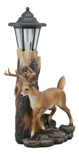 The Emperor 12 Point Buck Deer Statue Rustic Forest Tree Solar LED Light Outpost-5