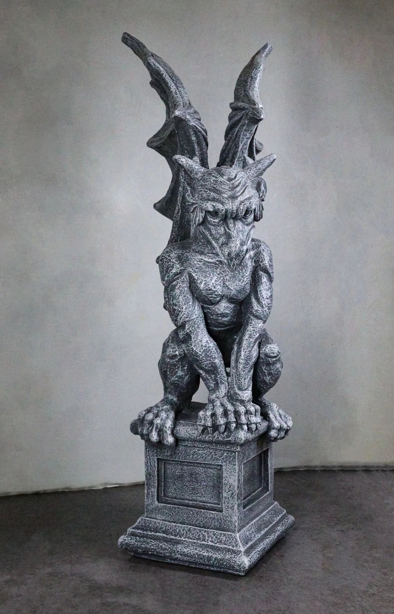Griffin Statue, 17" Large Gothic Crouching Wise Old Gargoyle Figurine on Pedestal, Fantasy Home Decor for Garden, Mantle, Patio, or Bookshelf Display-1