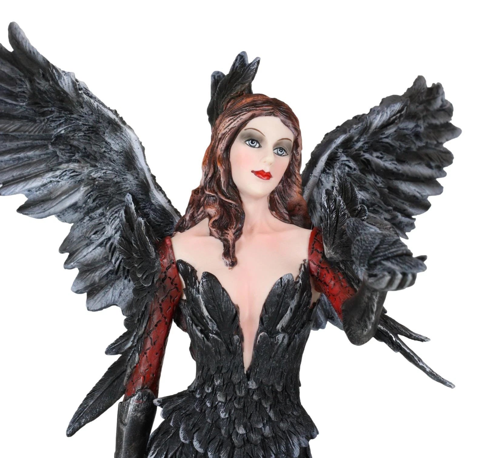 Gothic Raven Crow Trainer Angel Fairy In Black And Crimson Feather Gown Statue-6