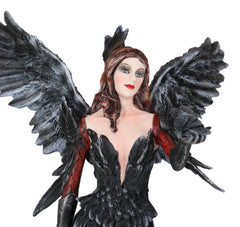 Gothic Raven Crow Trainer Angel Fairy In Black And Crimson Feather Gown Statue-6