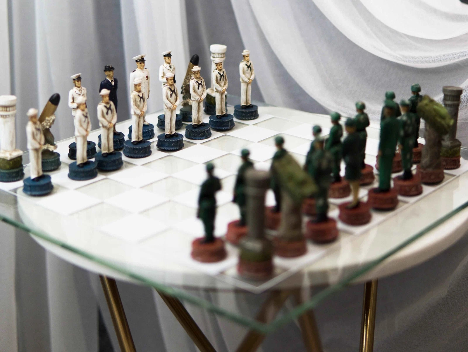 USA Soldier Theme Army vs Navy Chess Set Hand Painted with Glass Board 17 Inch