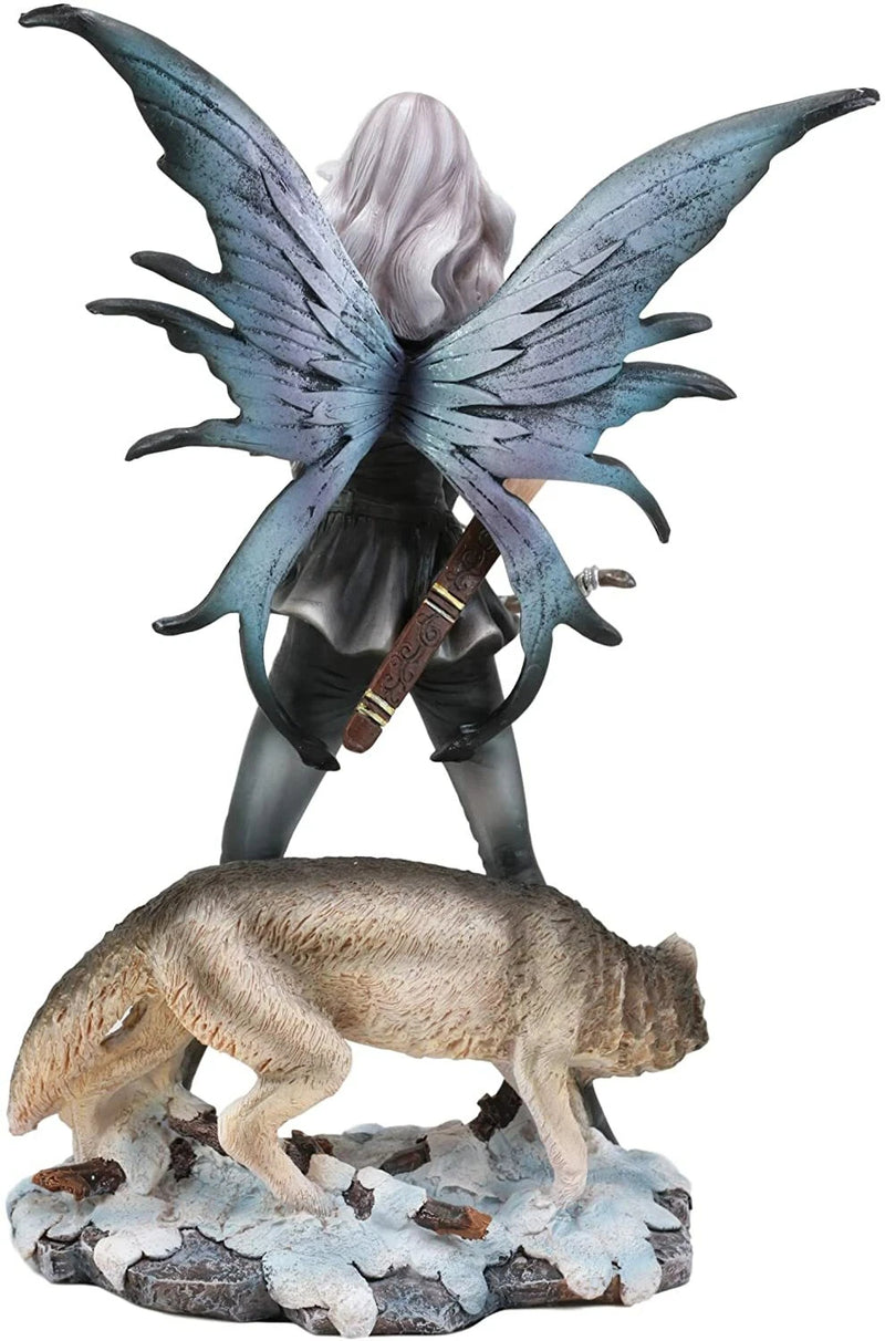 Fantasy Winter Snow Fairy Goddess Artemis Hunting With Gray Wolf Statue 10"H-3