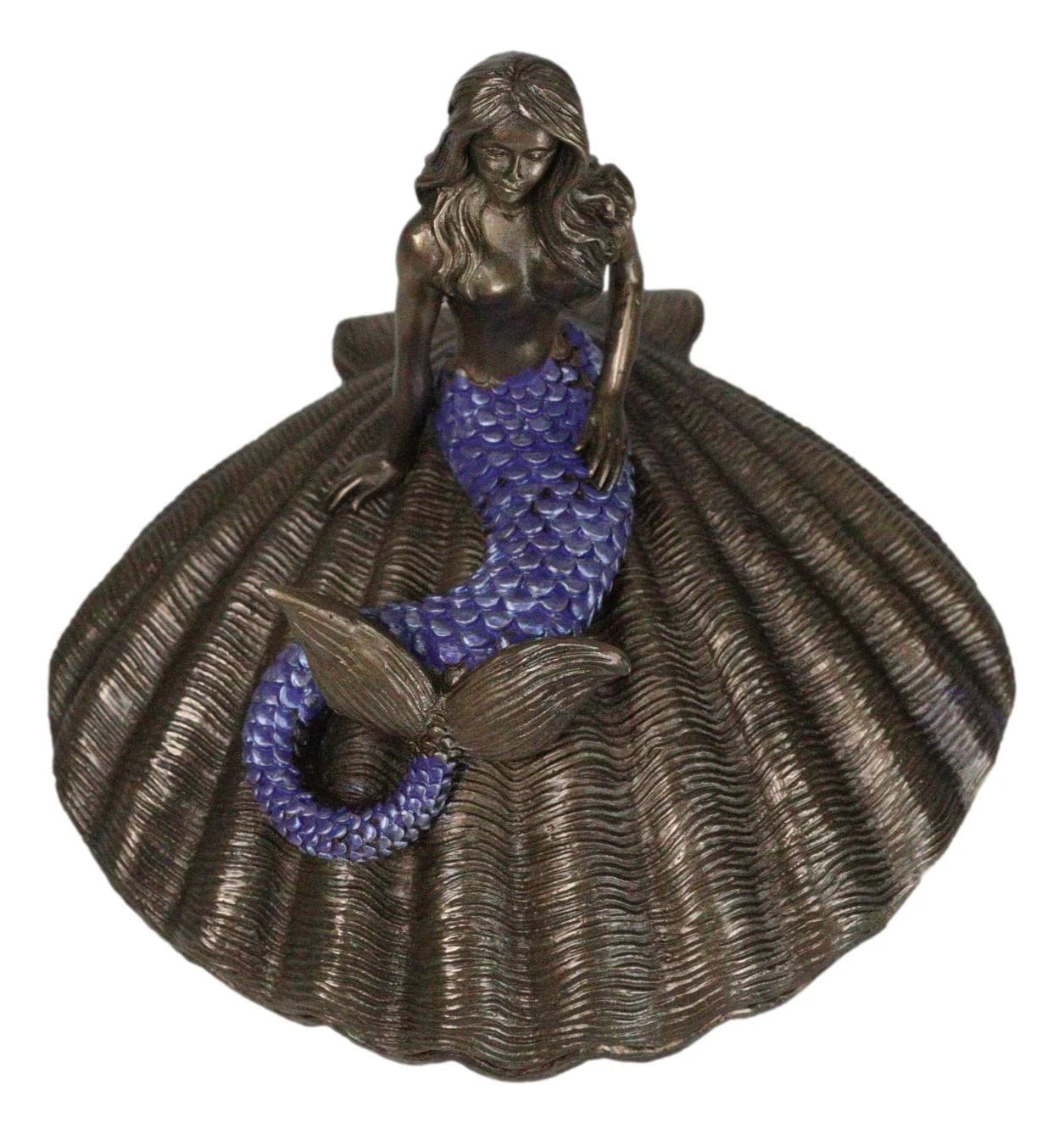Beautiful Mermaid Sitting On Giant Sea Shell Decorative Jewelry Box Figurine-4