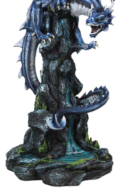 Large Blue Zirconia Rogue Storm Dragon Hovering Over Cliff Rock Waterfall Statue-5