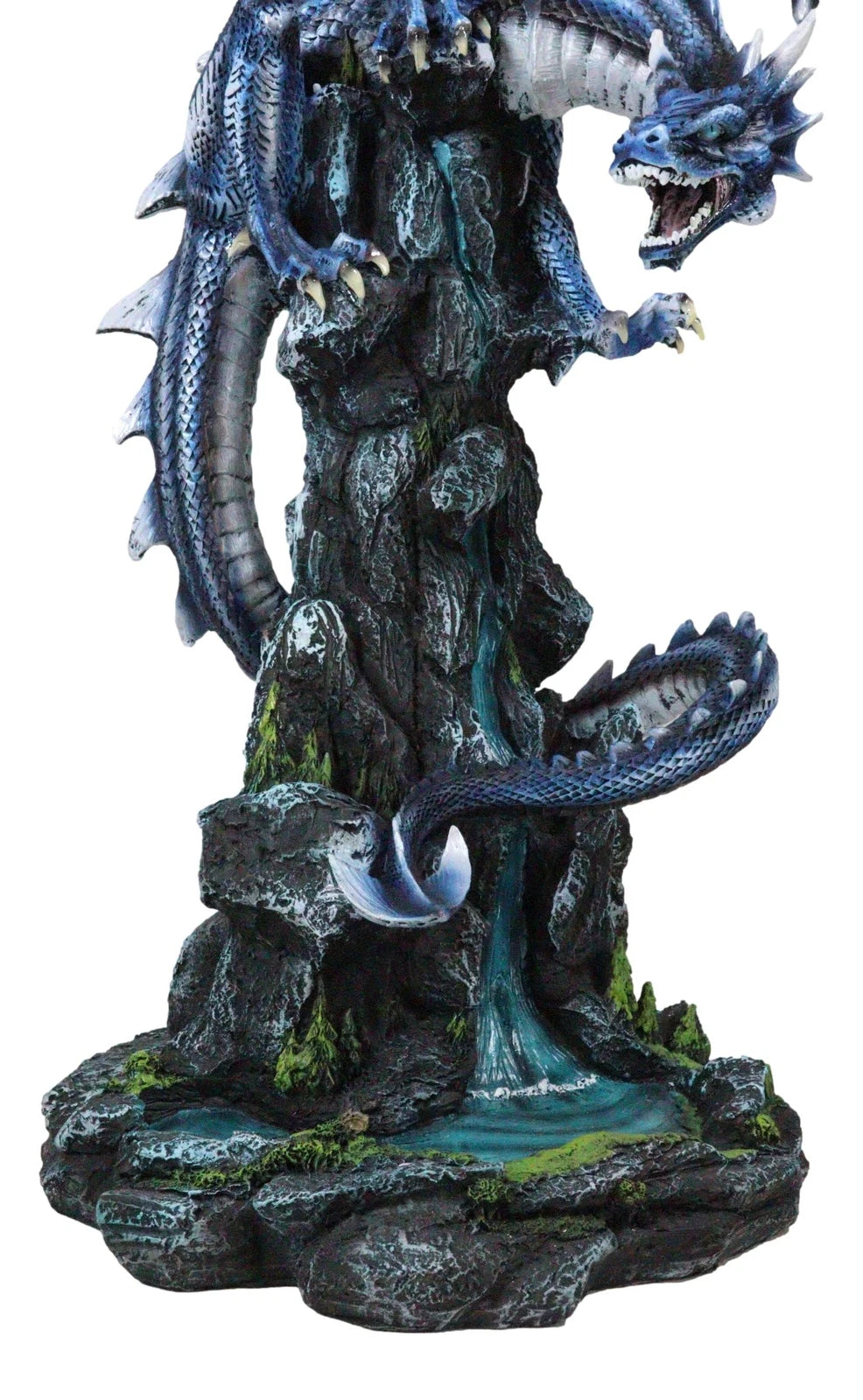 Large Blue Zirconia Rogue Storm Dragon Hovering Over Cliff Rock Waterfall Statue-5